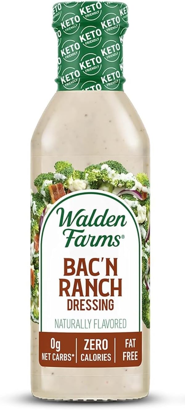Walden Farms Bac’n Ranch Dressing – Low Carb, Calorie-Free, Gluten-Free, Keto-Friendly, Sugar-Free, Fat-Free, Dairy-Free Smoky Bacon Ranch Flavor – 12 oz Bottle