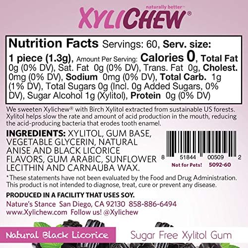 Xylichew Xylitol Chewing Gum - Non GMO, Zero Aspartame, Gluten Free, Sugar Free Gum - Natural Oral Care, Relieves Bad Breath and Dry Mouth - Licorice, 60 Count