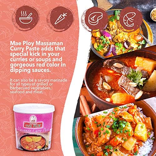Mae Ploy Massaman Curry Paste, Authentic Thai Masaman Curry Paste For Thai Curries And Other Dishes, Aromatic Blend Of Herbs, Spices And Shrimp Paste (14 oz Tub)