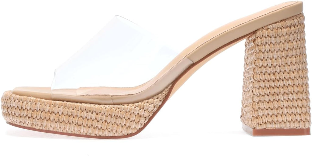 Monrovia Raffia Heeled Sandals for Women，Platform Wedge Slip On Block Heel, Dressy Summer Open Toe Chunky High Heel Vacation Beach Slides Sandals