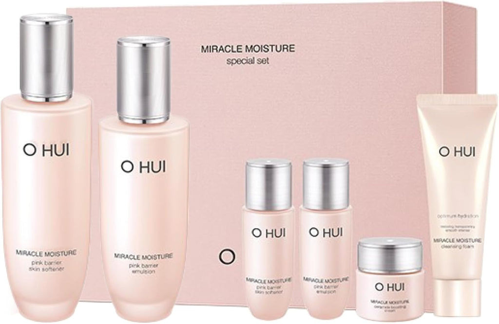 O HUI Miracle Moisture Set | Korean Skin Care Set, 2 Full Size + 4 Travel Essentials | Helps Strengthen Skin Barrier, Glowing Skin, Glass Skin | Softener Lotion, Face Wash, Emulsion | Ceramide, Peptide