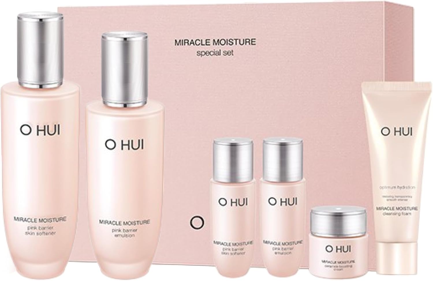 O HUI Miracle Moisture Set | Korean Skin Care Set, 2 Full Size + 4 Travel Essentials | Helps Strengthen Skin Barrier, Glowing Skin, Glass Skin | Softener Lotion, Face Wash, Emulsion | Ceramide, Peptide