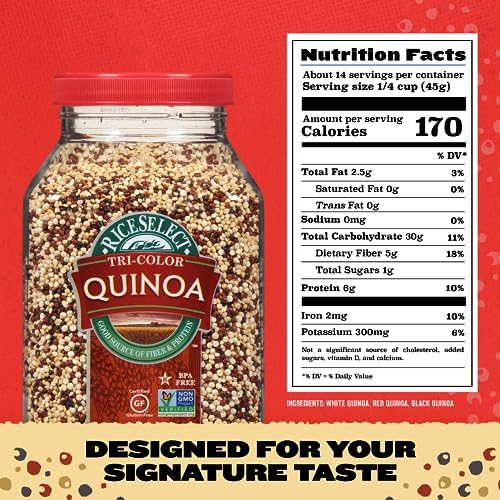 RiceSelect Tri-Color Quinoa, Premium Gluten-Free Seed, Star-K Kosher, and Non-GMO Quinoa, 22-Ounce Jar