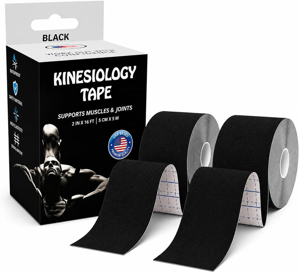 JLB Kinesiology Tape – 2 Rolls, 2 in x 16 ft – KT Tape for Shoulder, Knee, Wrist & Ankle – Waterproof Athletic Tape – Latex-Free Sports Tape for Pain Relief, Muscle Support & Physical Therapy (Black)