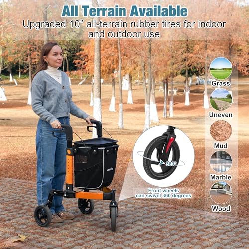 3 Wheel Walkers for Seniors, Foldable Rollator Walker with Tray & Large Storage Bag, 10" Big Wheel for All Terrain, 350 lb Weight Capacity, Orange