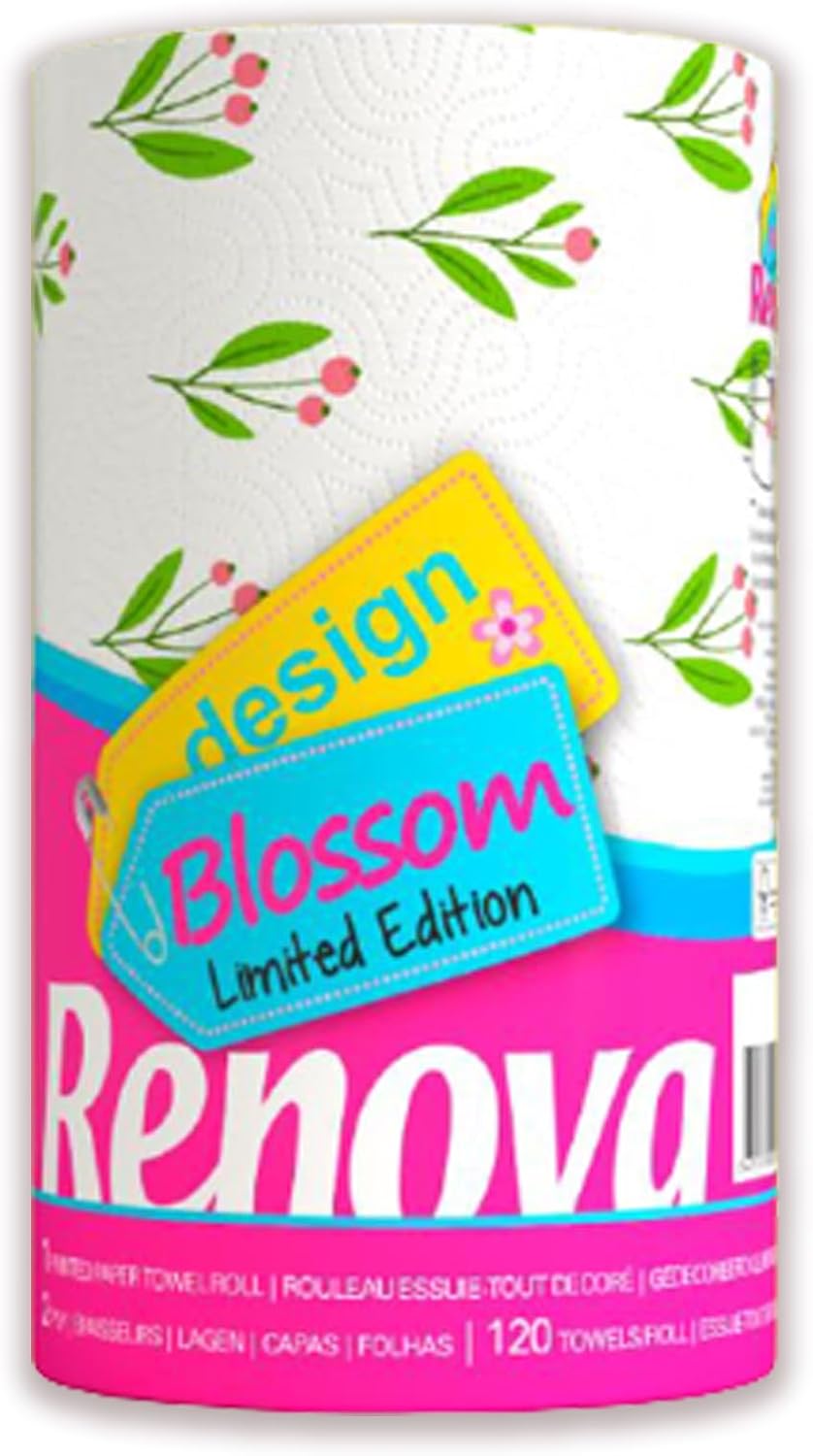 Renova Kitchen Paper Towels, Blossom Design, XXL Roll, 120 Sheets, White