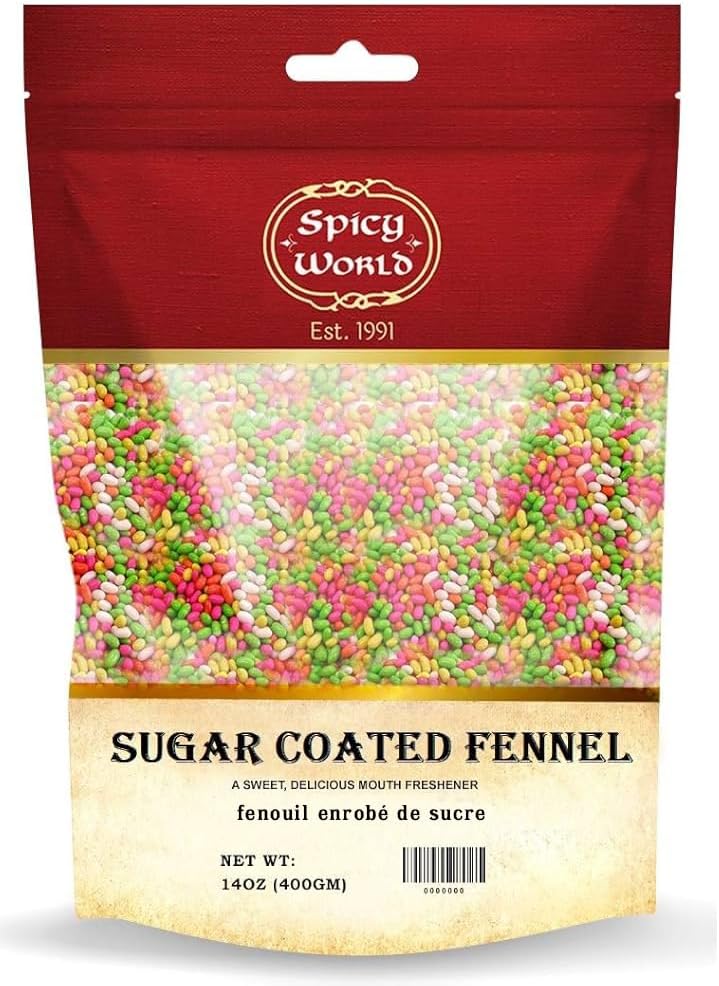 Spicy World Sugar Coated Fennel Seeds | Sweet Saunf Candy for Mouth Freshening - 14 Oz (400g) Pack | Premium Quality Fennel Mouth Freshener | Indian After Meal Digestive Treat