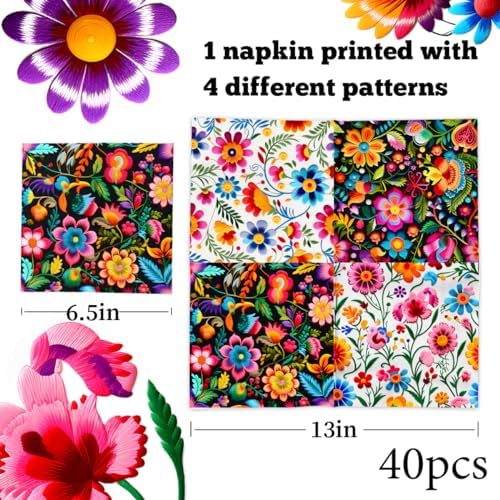 40Pcs Fiesta Napkins-Floral Cinco De Mayo Party Supplies One Napkin with 4Patterns Mexican Colorful Flower Disposable Paper Napkins