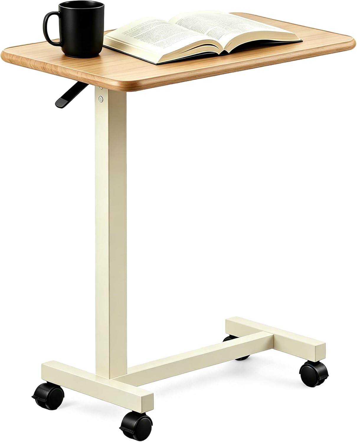 Adjustable Overbed Table with Wheels, Pneumatic Height Lift Rolling Bedside Table, Standing Desk for Home & Office Use, Ideal for Seniors & Limited Mobility(Walnut White)