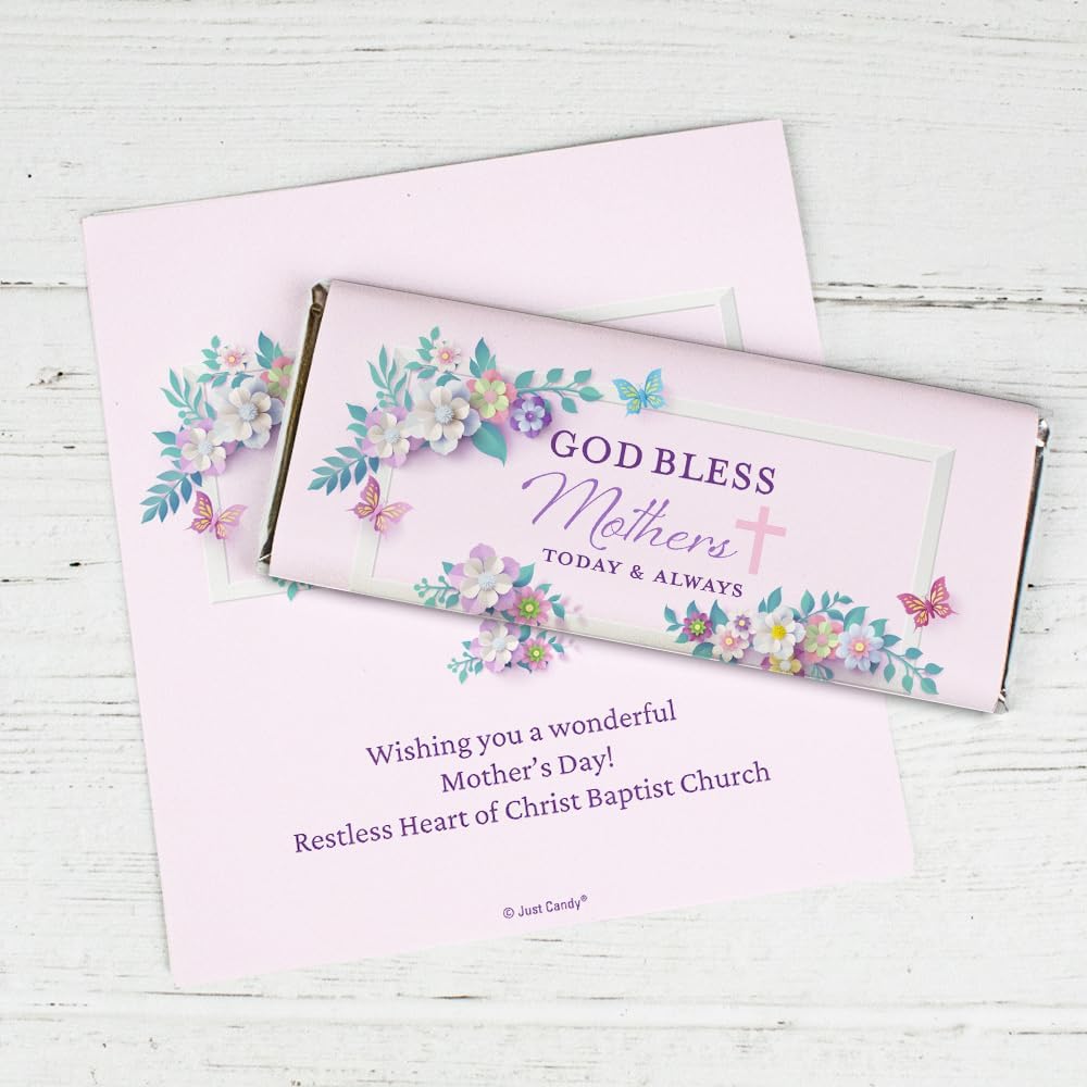 25 Pack Personalized Mother’s Day DIY Chocolate Candy Bar Wrapper Favors for Keepsakes, Church Giveaways, Custom Mom Gifts & More (Candy Not Included) - God Bless Mothers