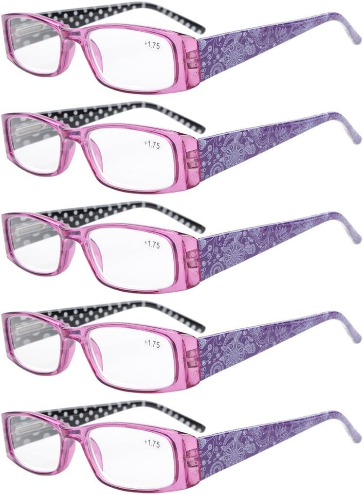 Eyekepper 5-Pack Spring Hinges Polka Dots Patterned Temples Rectangular Reading Glasses Readers Purple +1.5