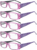Eyekepper 5-Pack Spring Hinges Polka Dots Patterned Temples Rectangular Reading Glasses Readers Purple +0.75