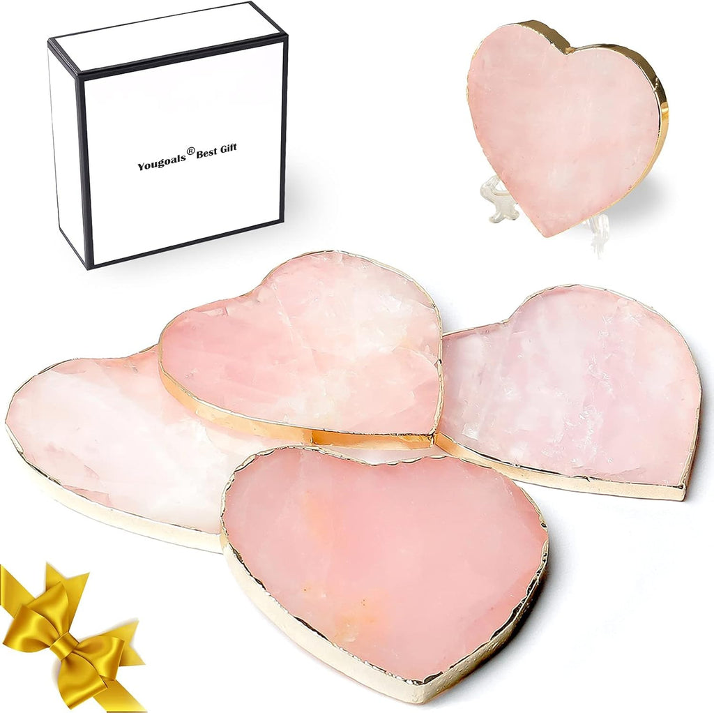 Yougoals 4PCS Rose Quartz Agate Heart Pink Geode Stone Drink Coaster Gift Box, Crystal Decoration for Birthday, Christmas, Valentine's Day, Wedding, Coffee Table