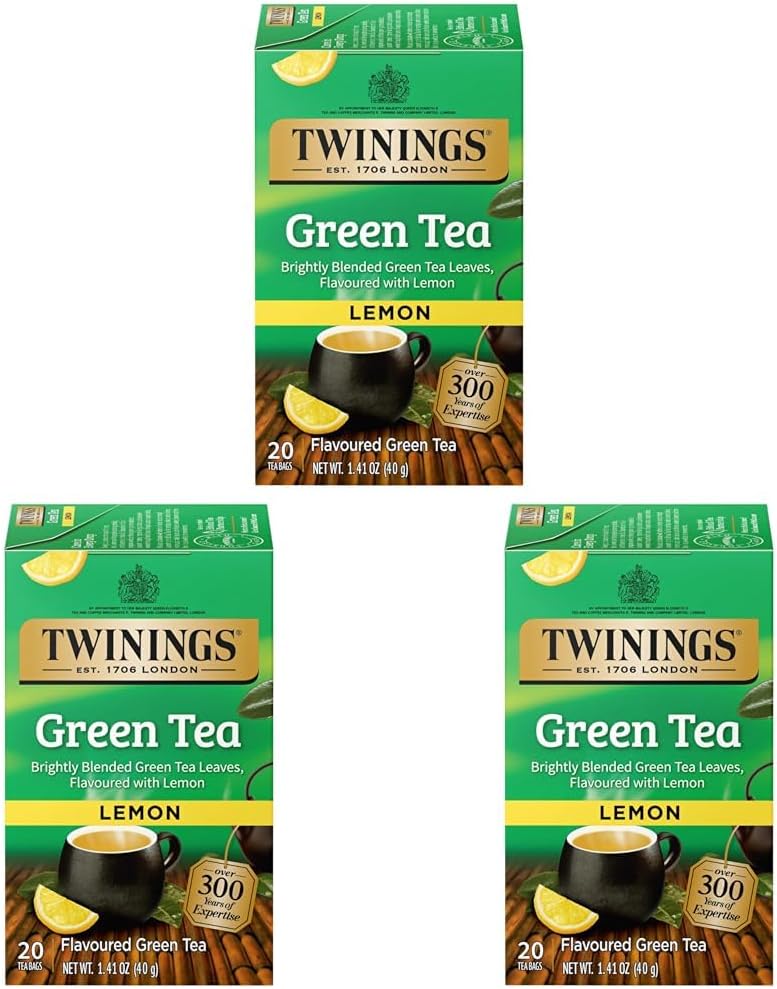 Twinings Green Tea with Lemon - Flavorful Green Tea with Lemon Pieces, Caffeinated Tea Bags Individually Wrapped, 20 Count (Pack of 3)