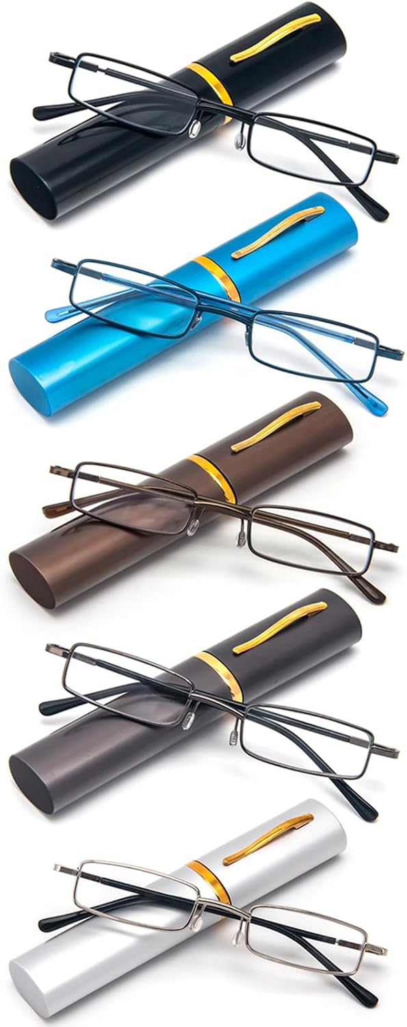 REAVEE 5 Pack Portable Slim Reading Glasses for Men Women, Computer Blue Light Blocking with Small Pocket Compact Pen Case