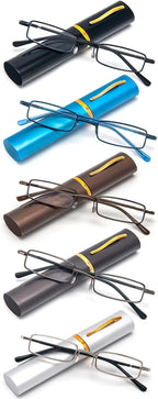 REAVEE 5 Pack Portable Slim Reading Glasses for Men Women, Computer Blue Light Blocking with Small Pocket Compact Pen Case