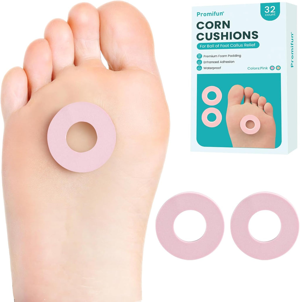 Callus Cushions for Bottom of Foot - Round Foam Padding with Water-Resistant Self-Stick Adhesive - Corn Cushions for Toes and Feet, Reduce Pain, Pressure and Friction from Shoes (Pink, 32 Count)