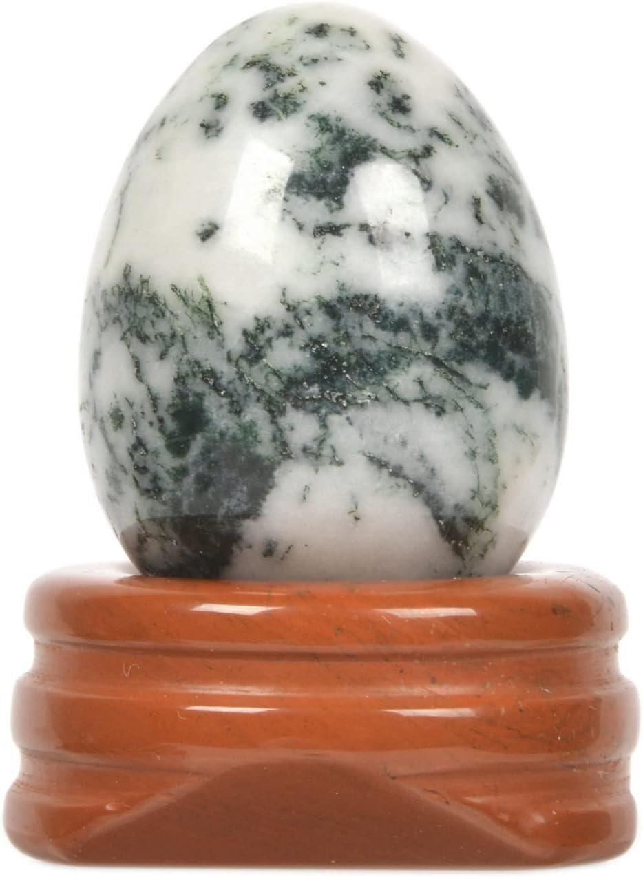 Justinstones Tree Agate Natural Gemstone Quartz 30mm Egg Shaped Crystal Healing Chakra Energy Balancing Meditation Home Office Decor Stone with Stone Stand