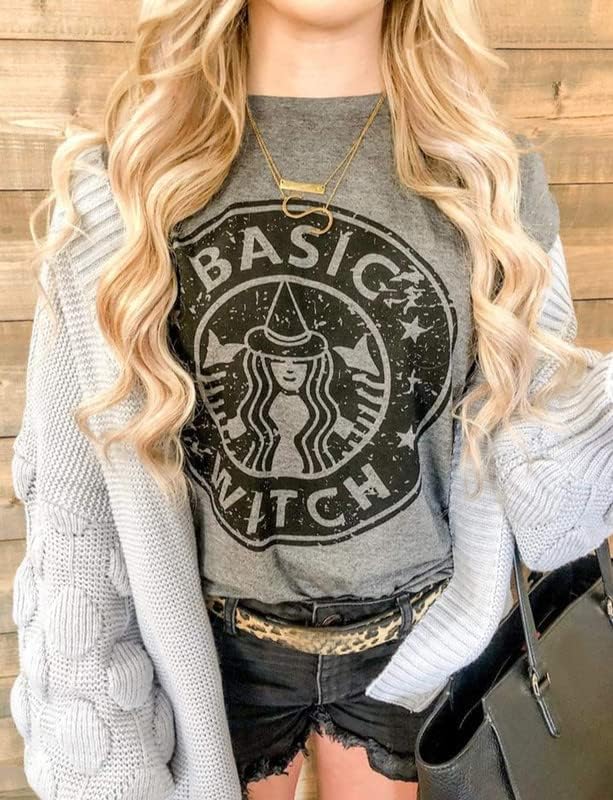 Basic Witch Tshirt for Women Coffee Graphic Shirt Vintage Coffee Lover Tee Funny Caffeine Themed Short Sleeve Tops