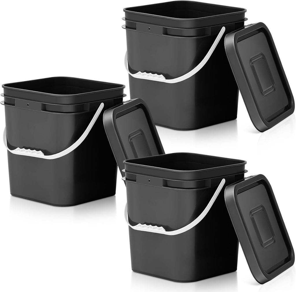Mumufy 3 Pcs 3.5 Gallon Square Food Grade Bucket with Lid Square Bucket Pail Plastic Handles for Long Term Food Storage, Camping, Fishing, Home Organization Easy Stack and Store (Black)