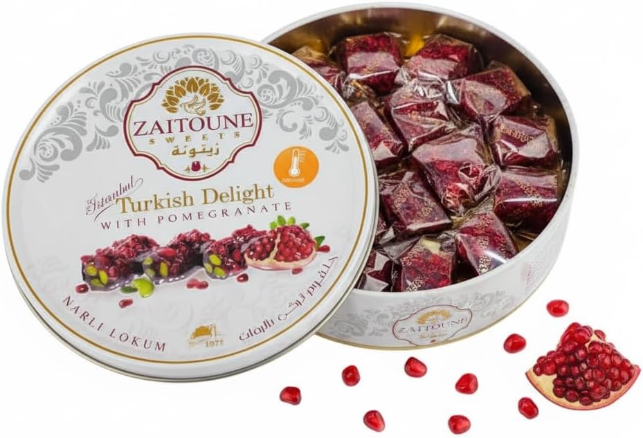 Zaitoune Pomegranate Covered Turkish Delight - 9 oz | Stuffed with Pistachios & Cashews | Coated with Dried Pomegranate Seeds | Authentic Lokum Sweets in a Gift Tin | Handmade & Individually Wrapped