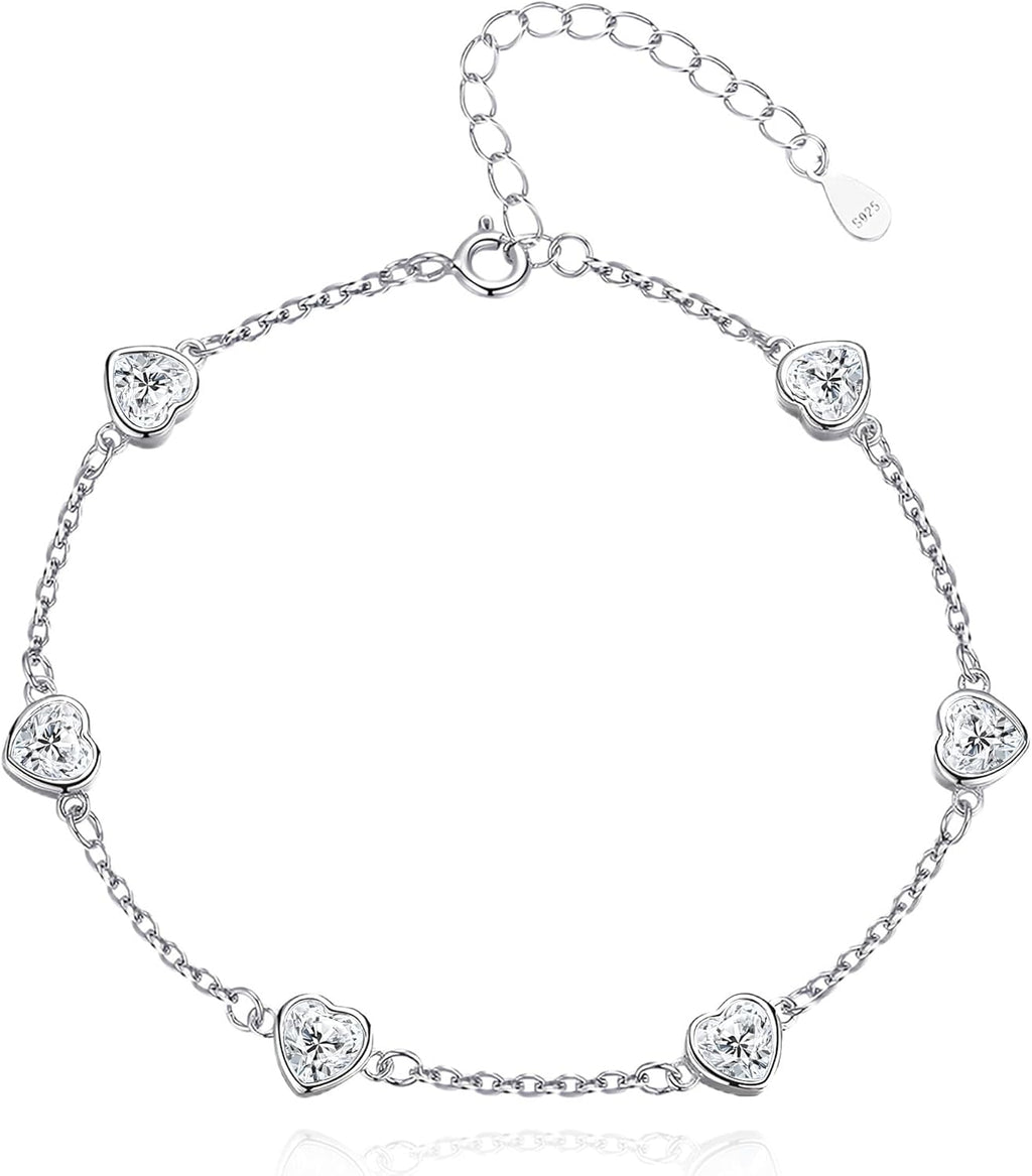 925 Sterling Silver Birthstone Bracelet 12 Color Options Diamond Heart Bracelet Jewelry Gift for Women
