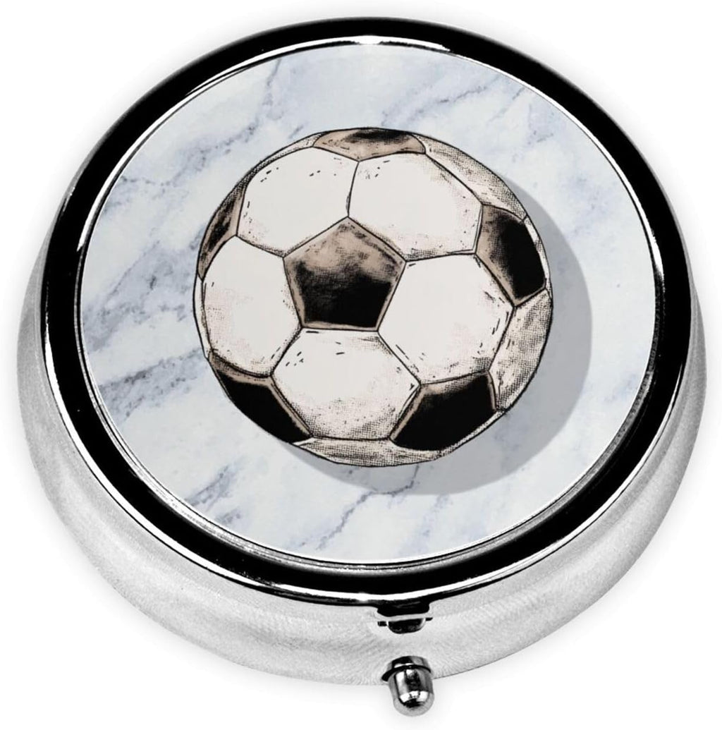Soccer Ball On Marble Round Pill Case, Portable Pill Box for Pocket Metal Medicine Vitamin Organizer 3 Compartment Three Times A Day