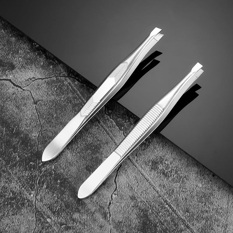 2Pcs/Set Eyebrow Tweezers Face Hair Removal Slanted Flat Tips Stainless Steel Eyelash Clip Brow Trimming Tweezer Makeup Tools,Silver,9cm