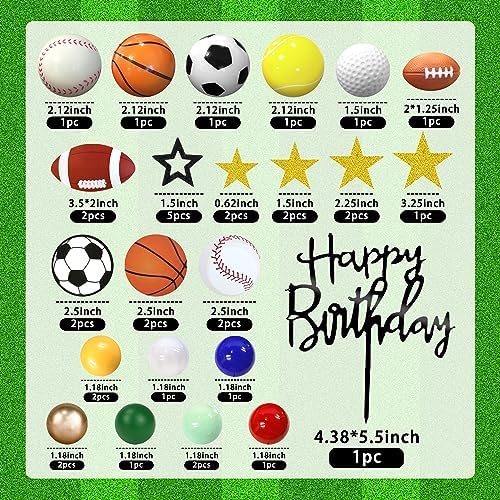 37 PCS Sports Cake Toppers Sports Cake Decoration with Soccer Football Baseball Basketball Tennis Golf for Ball Theme Birthday Supplies
