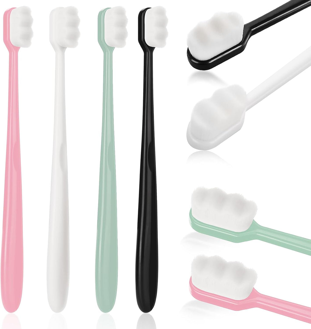 ElevateTech Micro Nano Toothbrushes, 4 Pcs Extra Soft Toothbrush with 10000 Ultra Soft Floss Black Wave Bristles Manual Toothbrush for Adults Kids Sensitive (Black White Pink Green)