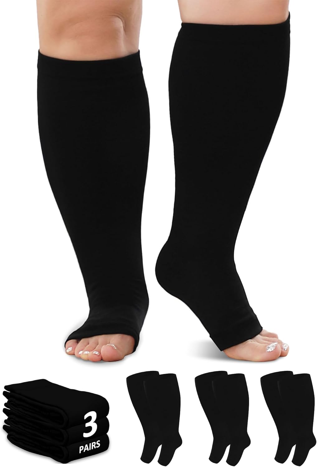 Plus Size Toeless Compression Socks 20-30mmHg Wide Calf for Men Women, Open Toe Stockings for Circulation, Edema, Varicose Veins, Nursing, Travel, Running(3 Pairs)