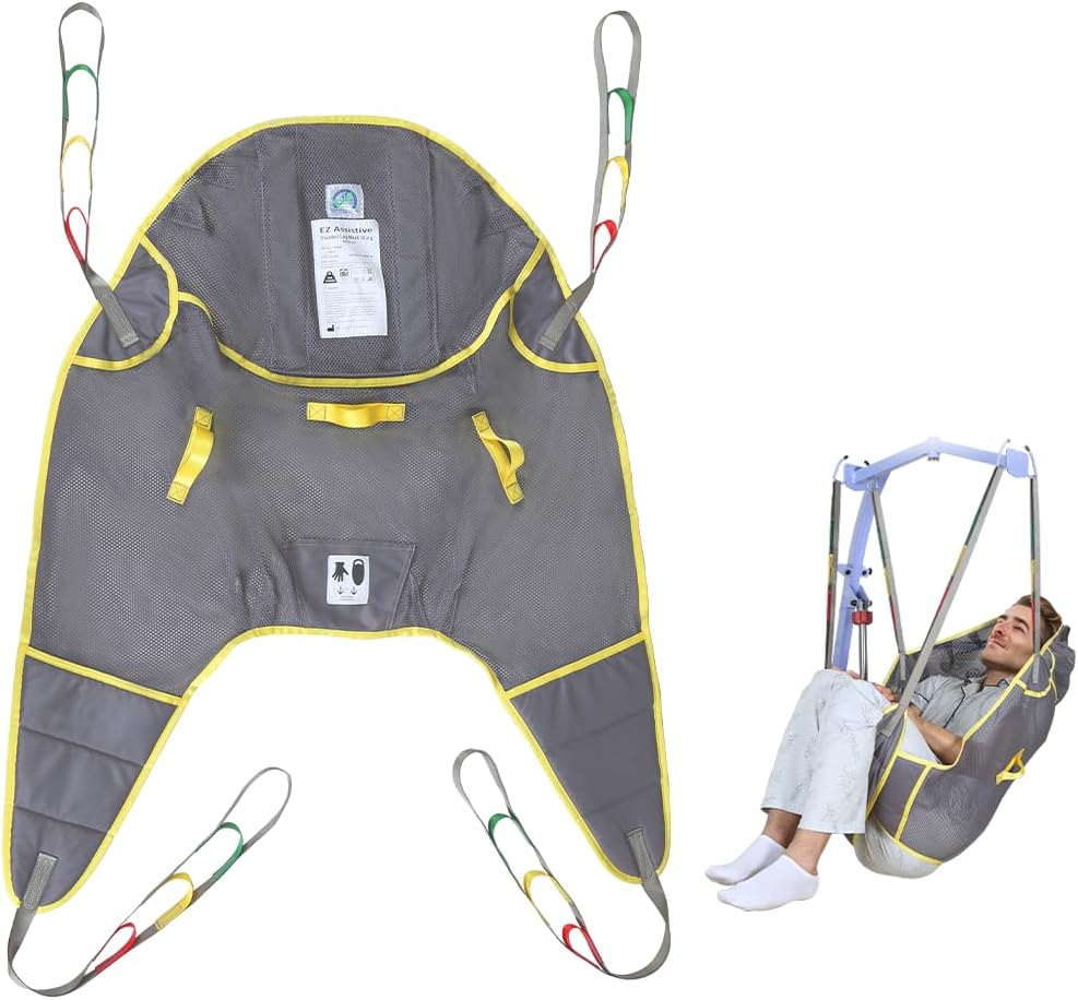 Patient Lift Divided Leg Sling with Head Support, Full Body Mesh Transfer Sling, 500 lb Safe Working Load, Compatible with Most Patient Lift Systems