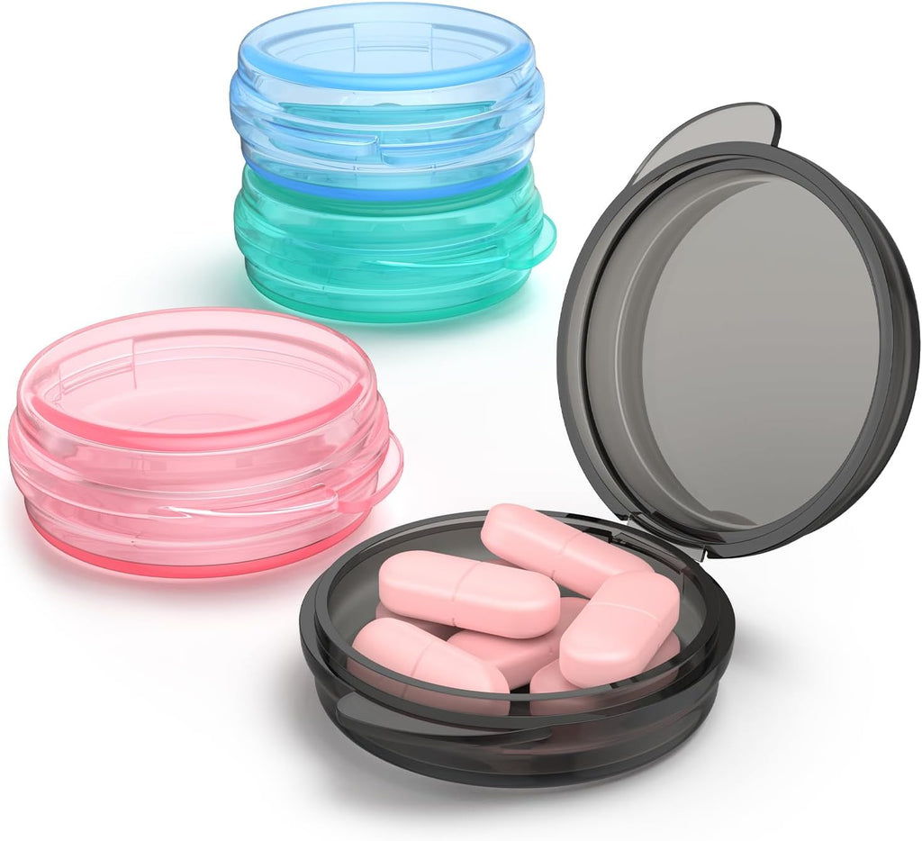 Urekt Small Pill Box, (4 Pack) Travel Pill Case Portable Daily Pill Organizer Mini Medicine Storage Container for Pocket Purse Cod Liver Oil Storage Box Earplug Case