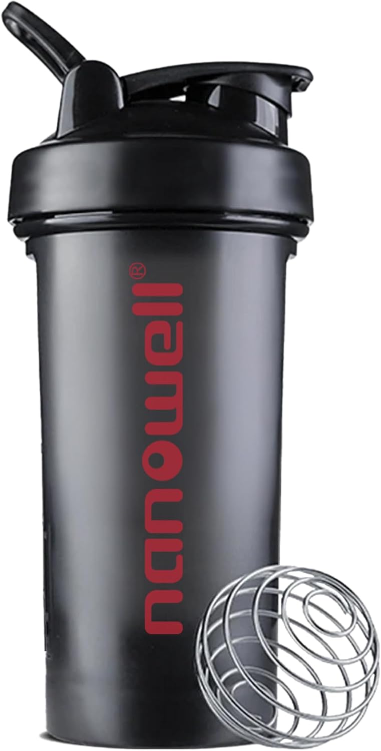 NANOWELL Shaker Bottle 20 oz (600 ml) – BPA-Free Portable Bottle with Stainless Steel Whisk Ball for Protein Shakes and Smoothies (Black with Red)
