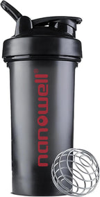 NANOWELL Shaker Bottle 20 oz (600 ml) – BPA-Free Portable Bottle with Stainless Steel Whisk Ball for Protein Shakes and Smoothies (Black with Red)