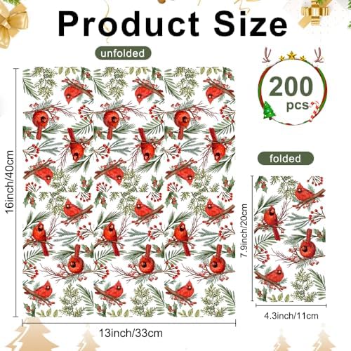 Christmas Napkins, 200 PCS Christmas Napkins Paper Disposable, Red Cardinal Bird with Holly Berries Decorative Greenery Dinner Guest Hand Towel for Bathroom for Xmas Holiday Party Supplies Table Decor