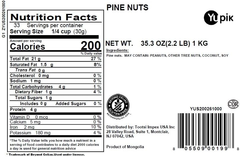 Yupik Pine Nuts, 2.2 lb (35.2 oz), Raw, Gluten-Free, Kosher, Raw Nuts, Smooth & Creamy Pine Kernels, Shelled, Unsalted, Unroasted, Oil-Free, Source of Iron, Ideal for Cooking & Baking