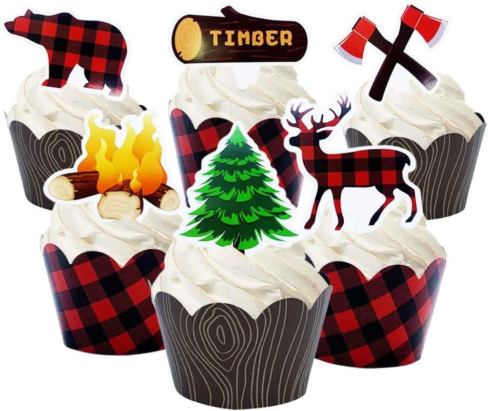 24 Pack Woodland Camping Lumberjack Deer Baby Bear Tree Campfire Axe Cupcake Toppers and Plaid Wood Grain Double Sided Cupcake Wrappers for Woodland Camping Lumberjack Party Supplies