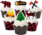 24 Pack Woodland Camping Lumberjack Deer Baby Bear Tree Campfire Axe Cupcake Toppers and Plaid Wood Grain Double Sided Cupcake Wrappers for Woodland Camping Lumberjack Party Supplies