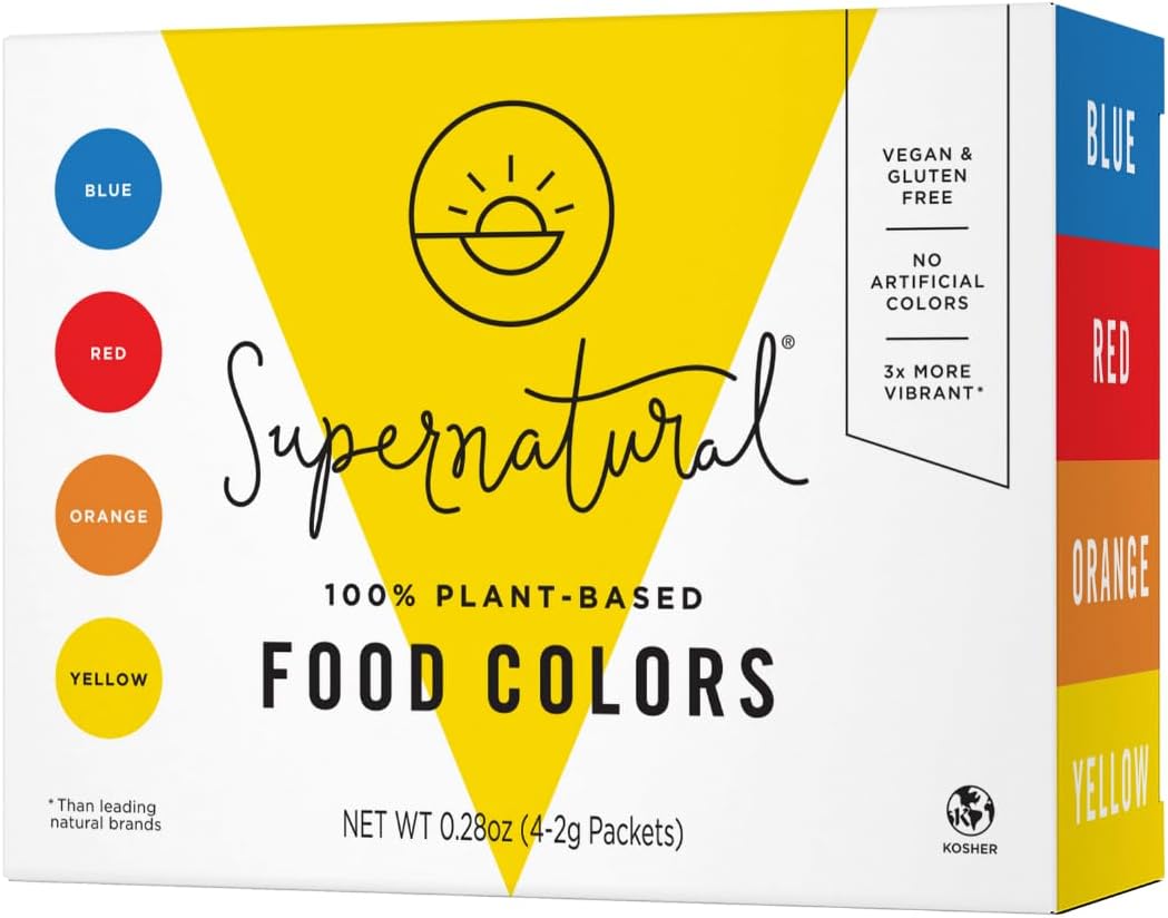Supernatural Plant-Based Food Coloring - Blue, Red, Orange & Yellow Natural Food Dye Powders, Hyper-Concentrated, Vegan, No Artificial Dyes (4 Packets)