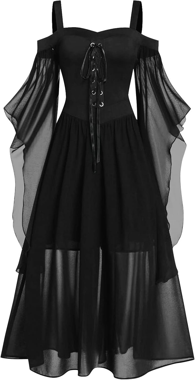 Renaissance Gothic Dress for Women Halloween Costume Off Shoulder Lace Trumpet Sleeve Dresses Medieval Steampunk Dress
