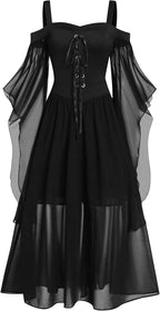 Renaissance Gothic Dress for Women Halloween Costume Off Shoulder Lace Trumpet Sleeve Dress Medieval Steampunk Dress