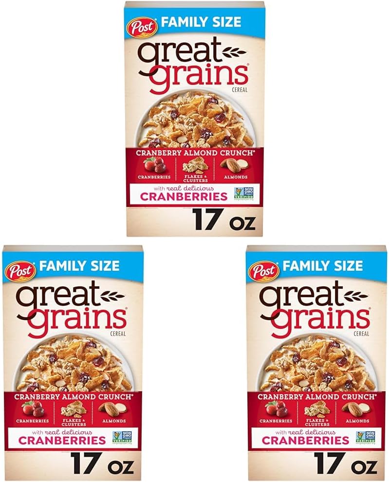 Great Grains Cranberry Almond Crunch Breakfast Cereal for Adults, Dried Cranberries and Almonds, Made with Whole Grain, Non-GMO, Heart Healthy, 17 OZ Box (Pack of 3)