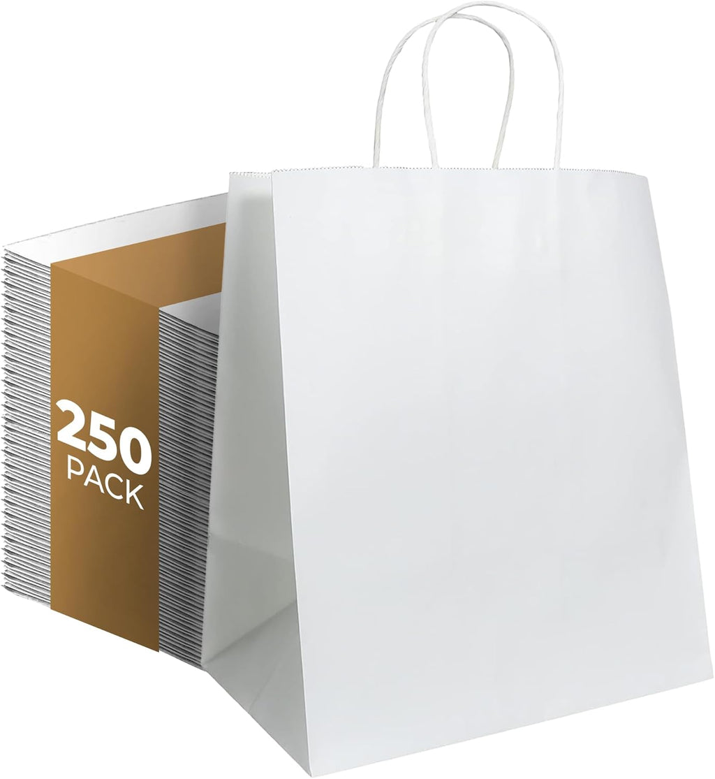 PTP BAGS White 10" x 7" x 12" Bistro Bags, White Paper Bags with Handles [Pack of 250] Recyclable Kraft Paper Gift, Food Service Bag
