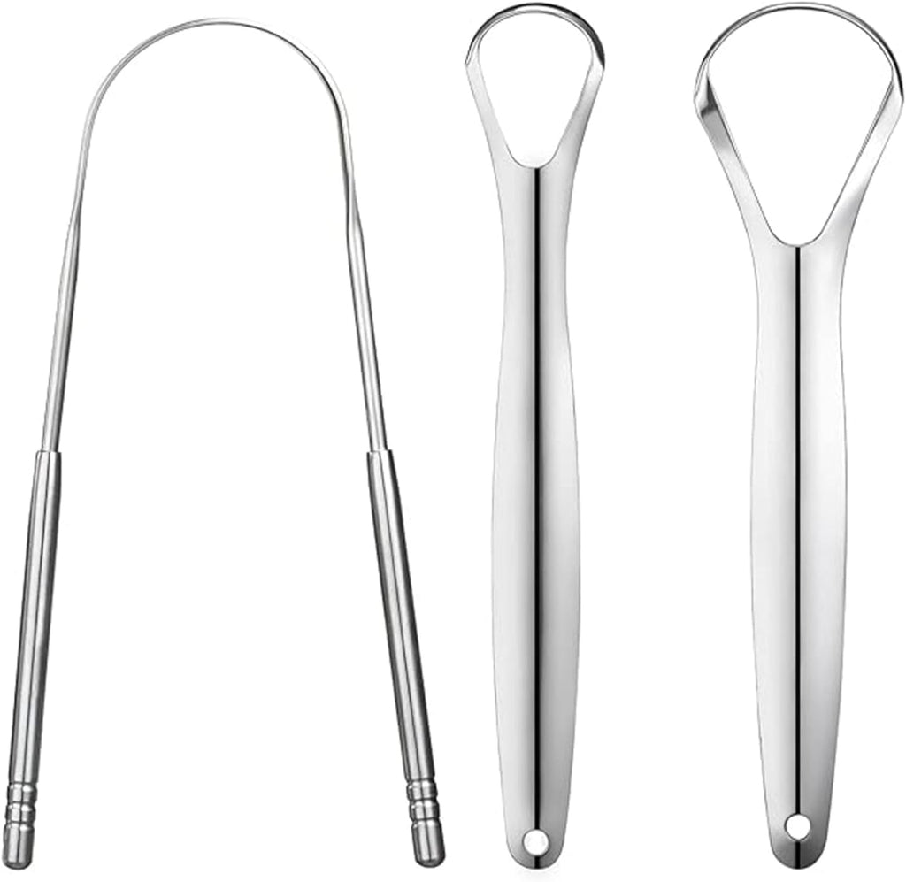 3 Pack Metal Tongue Scraper, Stainless Steel Tongue Cleaning Tool, Reusable Manual Design for Daily Oral Care, Portable Tongue Cleaner Set, Silver