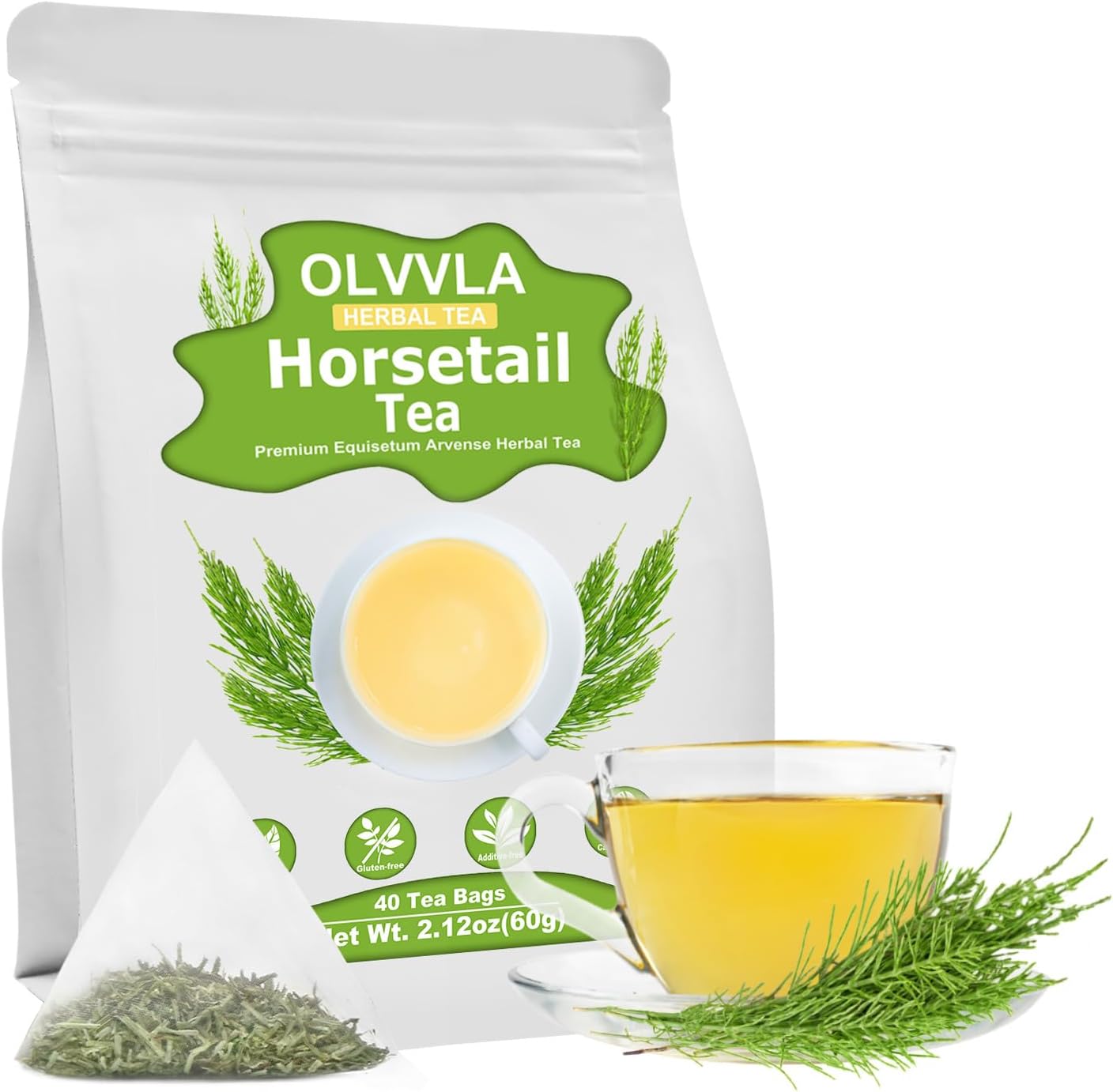 Olvvla - Premium Horsetail Tea Bags - 1.5g X 40 Count - Pure Natural Horsetail Herbal Tea - Caffeine-free - Non-GMO - Dried Horsetail Herb - Rich in Antioxidants & Support Bone Health