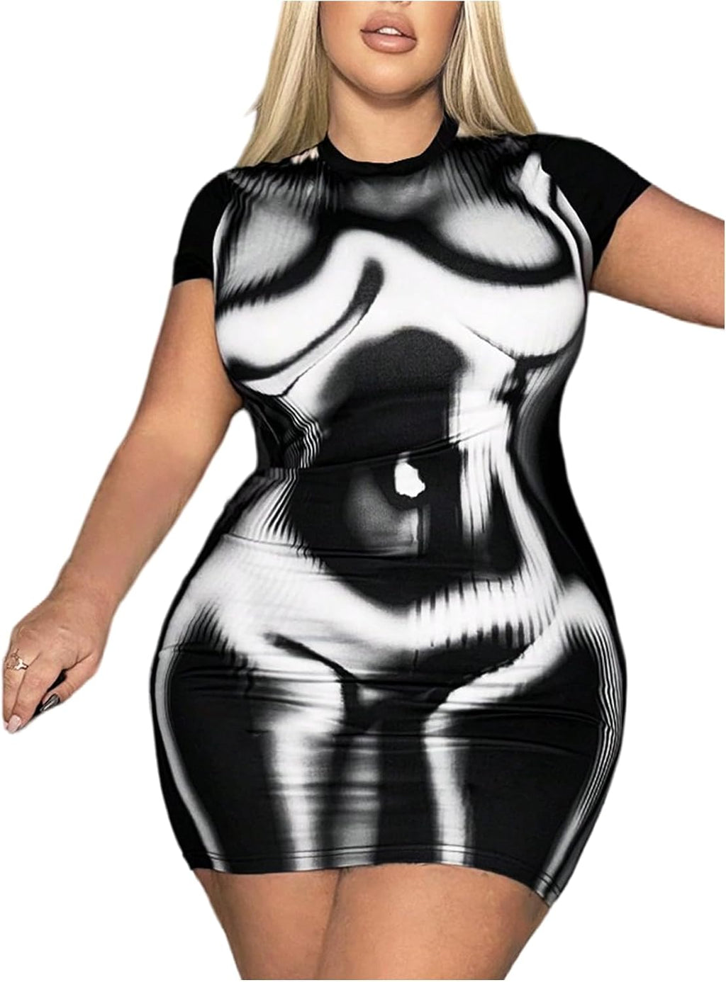 OYOANGLE Women's Plus Size 3D Body Heat Map Print Sexy Concert Outfit Y2K Short Sleeve Bodycon Dress