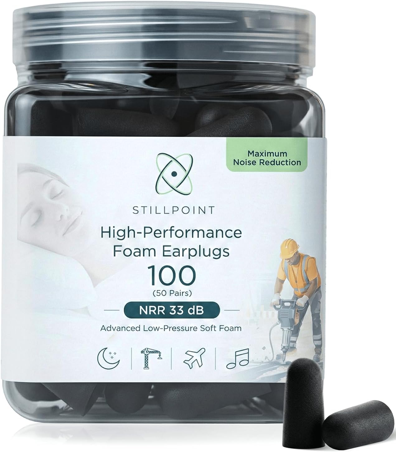 Happy Hippo Soft Foam Earplugs, 33 dB NRR, (50 Pair 100 Ear Plugs) Maximum Protection for Sleeping; Silence Snoring, Airports, Power Tools, Phone Calls, Loud Work Places, Nightclubs (Black)