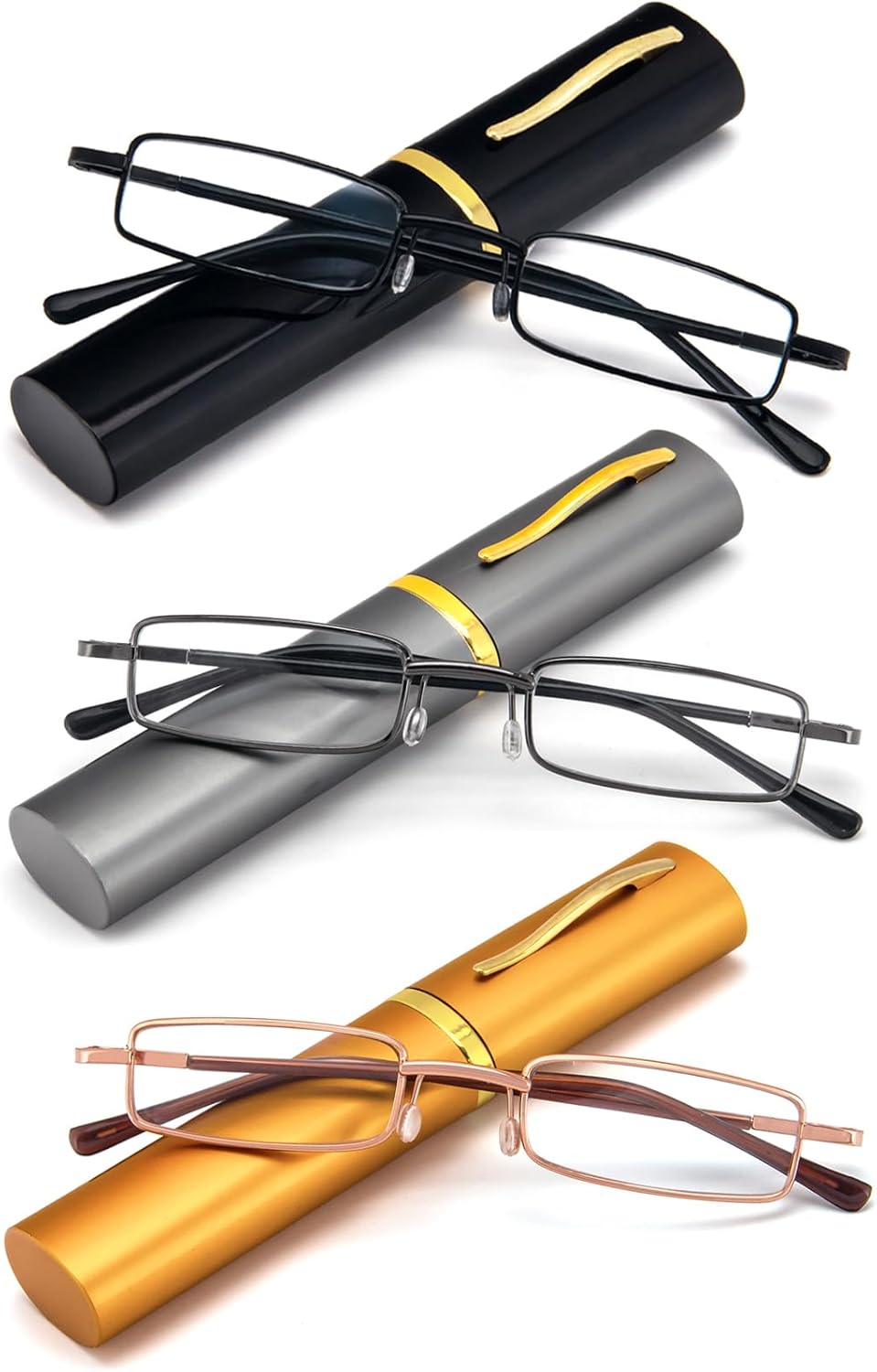 REAVEE 3 Pack Slim Pen Reading Glasses Small Tube Stylish Readers Women Men Spring Hinged with Portable Clip Case, Black Grey Gold 1.5