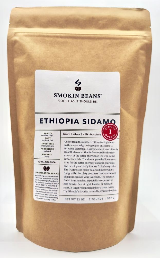 2-Pound Ethiopia Sidamo Natural, Unroasted Green Coffee Beans, Fresh Current Crop Specialty Grade, Roast the Beans Yourself at Home on Your Roasting Equipment Prior to Using for Brewing Coffee